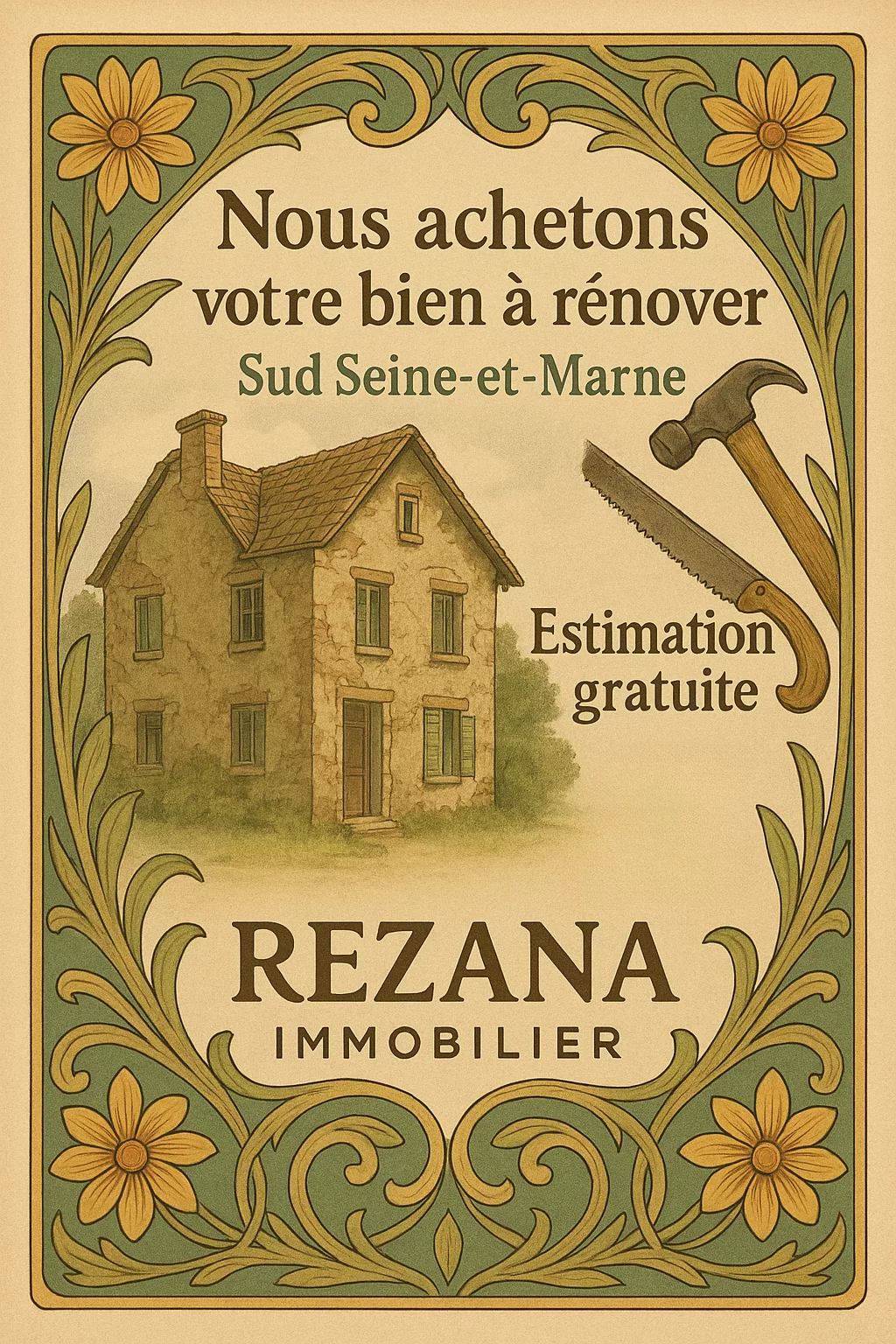 Affiche style Art Nouveau représentant l’offre de Rezana Immobilier pour l’achat de maisons, appartements,